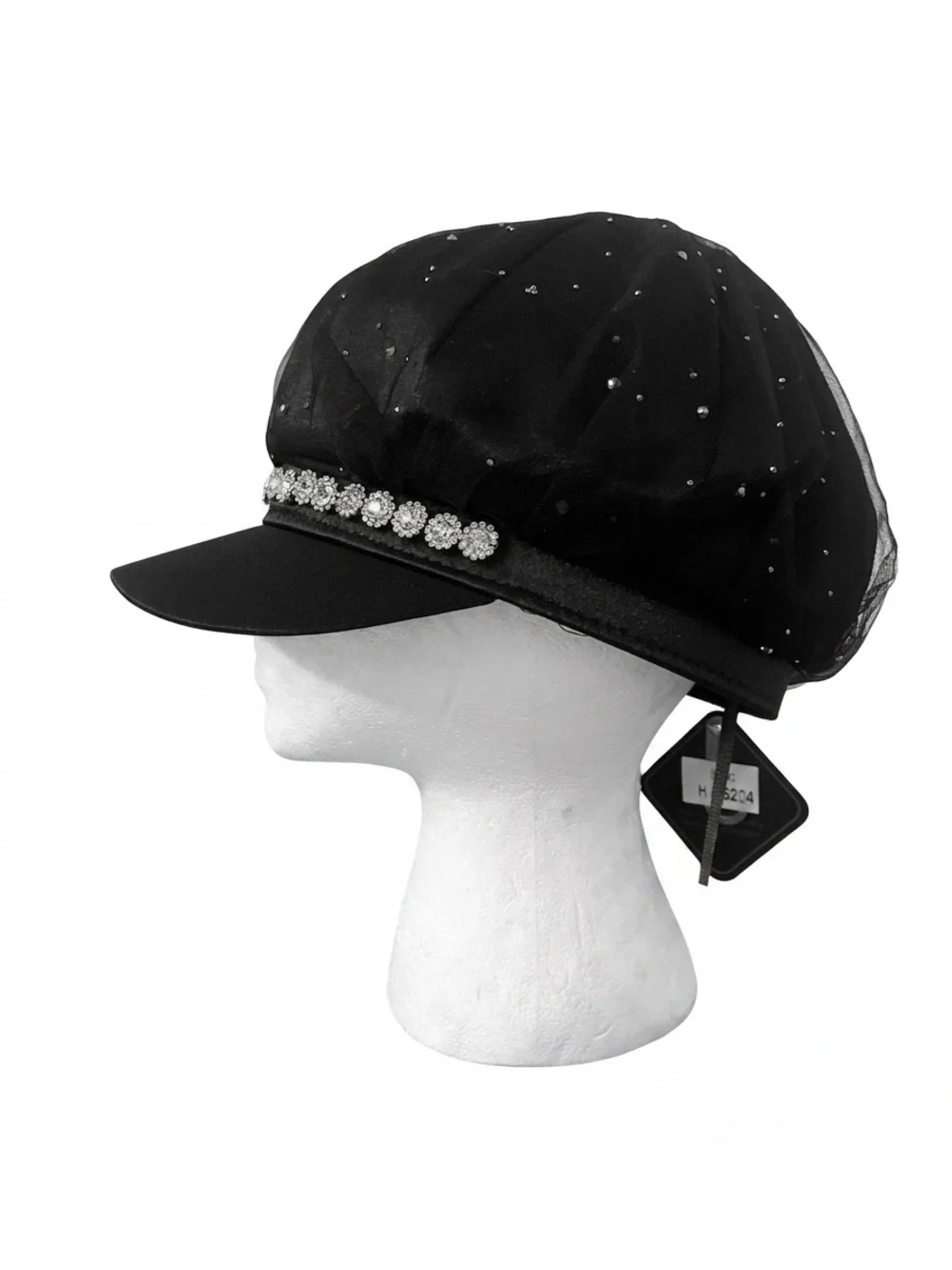 Black Embellished Newsboy Cap with Rhinestone Trim